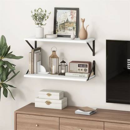 METALSWOOD Sleek & Stylish: White Wall Mounted Display Shelves with Black Metal Support Iron, Wooden Wall Shelf