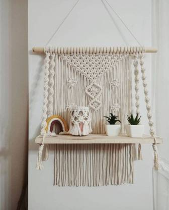 Aain Macrame Wall shelf Hangers Cotton Rope Wooden Dowel Wooden Plank Wooden Wall Shelf