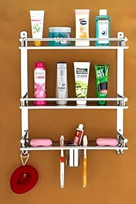Citrine 3 Layer Multipurpose Bathroom Shelf with Double Soap Dish and Tumbler Steel Wall Shelf