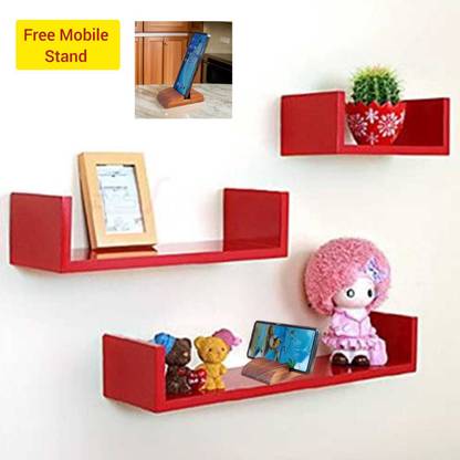 CraftOnline RED U-Shape Floating Wall Shelves for Home Decoration With Free Mobile Stand Wooden, MDF (Medium Density Fiber) Wall Shelf