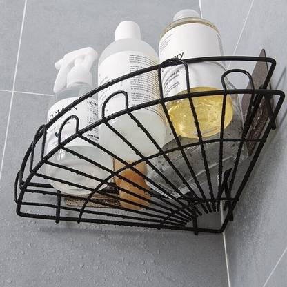 Flyvill Bathroom Shelf for Wall, Self Adhesive Bathroom Organiser, 4 Hooks Iron Wall Shelf