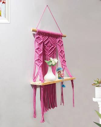 Homesake Macrame Wall Hanging Boho Decor Wood Floating Shelf for Bedroom Butterfly, Pink Wooden Wall Shelf