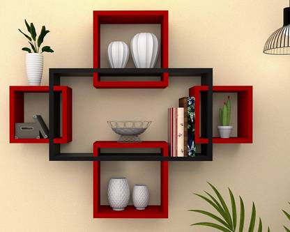 Amaze Shoppee Rack shelf Wooden Wall Shelf Black & Red Set of 5 MDF (Medium Density Fiber) Wall Shelf