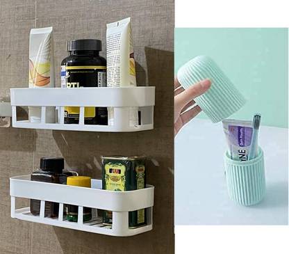 Sokmak 3PC Plastic Shampoo Stand and Capsule Shape Toothpaste Holder with Magic Sticker Toothbrush Case