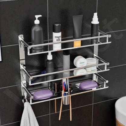 Well Set Multipurpose Bathroom & Double Dish&Tumbler&Soap&Tooth Brush Holder/Towel Stainless Steel Wall Shelf