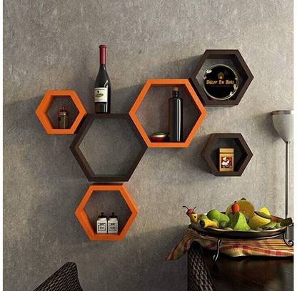 DecorEnBois Set of 6 Hexagon Shaped Wall Shelves / Rack MDF (Medium Density Fiber) Wall Shelf