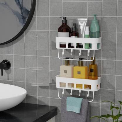 XBEY Multipurpose Wall Mount 2 PC Bathroom Shelves Storage Rack Set for Home Kitchen Plastic Wall Shelf