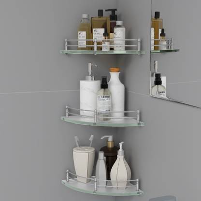Plantex Premium Transparent Glass Corner Shelf for Bathroom/Wall Shelf/Storage Shelf(9x9 Inches-Pack of 3) Glass Wall Shelf