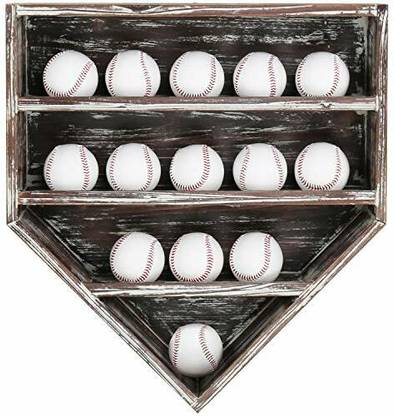 MyGift Torched Wood Wall Hanging Collectible BaseDisplay Case With Home Plate Wooden Wall Shelf