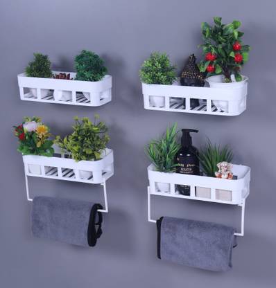 Zenvio Decor for Kitchen 4 Bathroom Rack with 2 Towel Hanger Plastic Wall Shelf (White) Plastic Wall Shelf