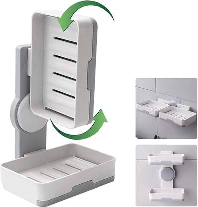AK10ZONE Plastic Wall Mounted Double Layers Soap Dish Saver with Drain Tray Plastic Wall Shelf