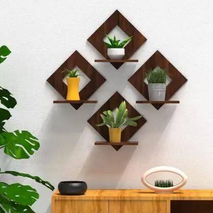 Stalory Walnut Finish Wooden Square Wall Hanging Planter Stand/Plant Shelf Wooden Wall Shelf