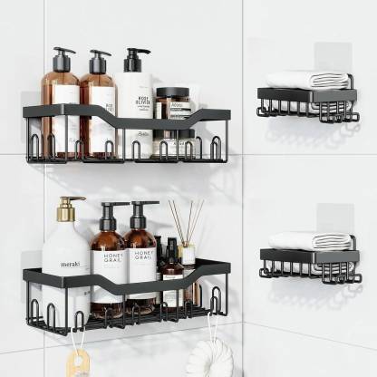 iSTAR 4 pcs Bathroom Organizer, Self adhesive 4 in 1 Combo for Bathroom Rack Iron Wall Shelf