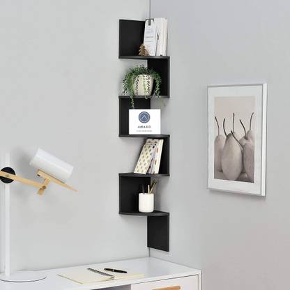 Amaxo Zigzag Wall Mounted Wooden Corner shelf | Home Decor | Corner Stand | Wall Shelf For Bedroom | Wall Stand | Corner Shelves For Living Room & Bathroom MDF (Medium Density Fiber) Wall Shelf