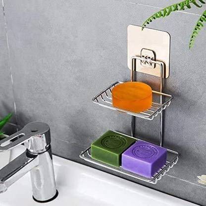 VRE Wall Mount Self-Adhesive Double Layer soap Holder Plastic Wall Shelf