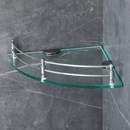 Garbnoire Multi-Plurpose Glass Corner Shelf for Bathroom - 12 x 12 inch Wall Mount Shelf | Bathroom Accessory Glass, Stainless Steel Wall Shelf