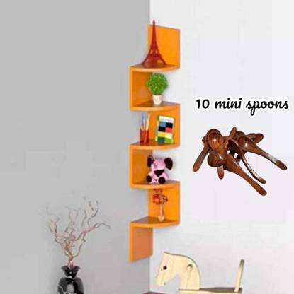 CraftOnline CraftOnline Wooden Wall Mounted Wall Zigzag Corner 5 Shelves With 10 Mini spoons Wooden, MDF (Medium Density Fiber) Wall Shelf