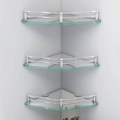 IMPULSE Premium Flower Glass Corner Shelf for Bathroom/Kitchen Shelf/Bathroom Accessories - 9 x 9 Inches(Pack of 3) Glass Wall Shelf