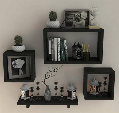 DS SHOPPEE Beautiful Wooden Rafuf and Rectangle Floating Wall Shelf Set of 4 MDF (Medium Density Fiber) Wall Shelf