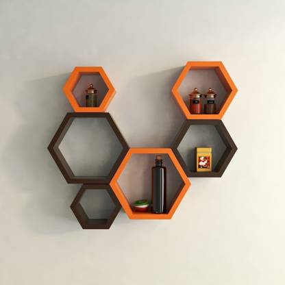 RAG Solutions RAG Wooden Book Rack self Wooden Wall Shelf (Number of Shelves - 6, Brown, Orange, Multicolor) MDF (Medium Density Fiber) Wall Shelf