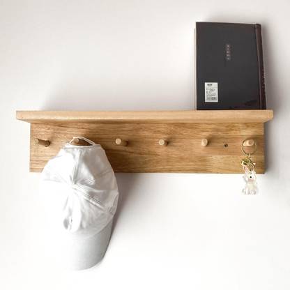 Elixir Decor Pinewood Floating Shelve with 6 Hooks Key Holder Wooden Wall Shelf
