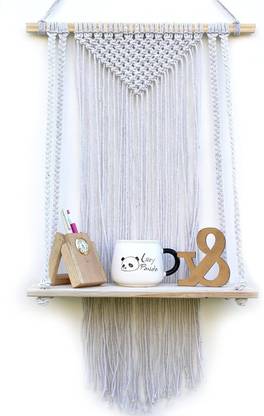 Flipkart SmartBuy White Macrame Design With Jute Rope Floating Wall Decor Home Decor Wall Hanging Wooden Wall Shelf