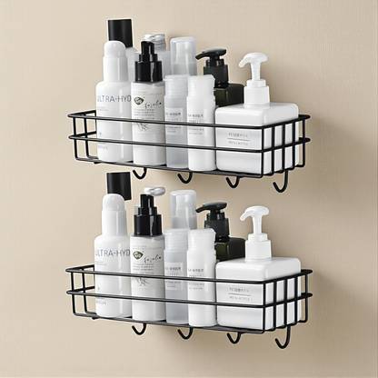 ICONPLUS Wall Mounted Black Metal Bathroom Storage Shelf with Hooks for Toiletries Steel Wall Shelf