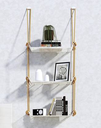 Meshable Weebill Metal Wall Shelves | Hanging / Floating Shelf with Jute Rope - 3 Tier Iron Wall Shelf