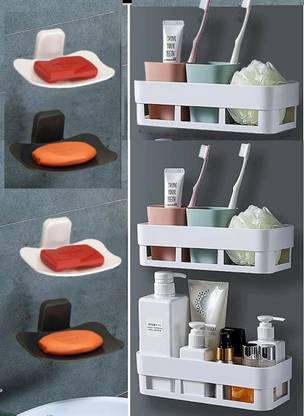 ALUCINANTE 4 Self Adhesive Curve Soap Cases And 3 Wall Shelf For Home, Kitchen And Bathroom