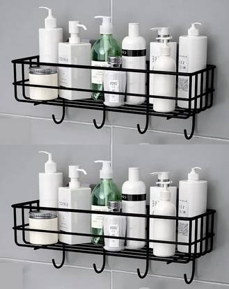 SARAZA Multipurpose Wall Mounted Bathroom Storage Organizer Shelf Rack with Hooks Iron Wall Shelf