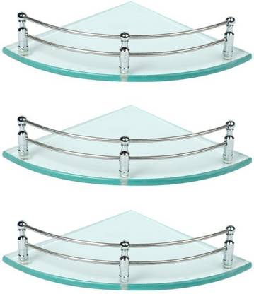 Joyo Cera Front Corner Glass Shelf - Bathroom Transparent Corner Glass Shelves (Chrome Finish)12x12 inches (3 Pieces) And Barss Bracket Glass Wall Shelf