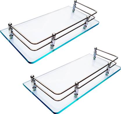SQUARO ONLINE STORE Premium Clear Glass Shelf for Bathroom Multipurpose Wall Shelf Kitchen Storage Shelves rack (12x6 Inches, Clear, Pack Of 2 ) Glass Wall Shelf