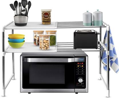 LivingBasics Expandable/Adjustable Multipurpose Storage Rack for Kitchen/Microwave OTG Stand Stainless Steel Wall Shelf