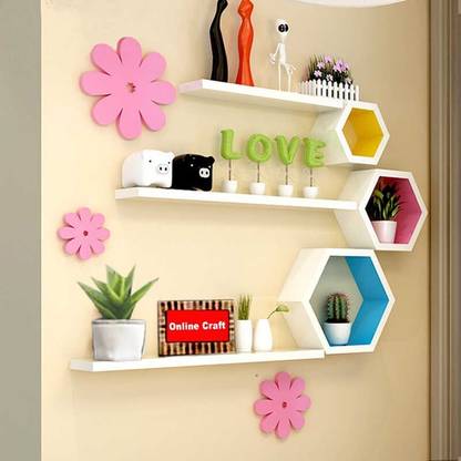 OnlineCraft Wooden wall mount hexa & floating home decor wall decor multi hexa patti Wooden Wall Shelf