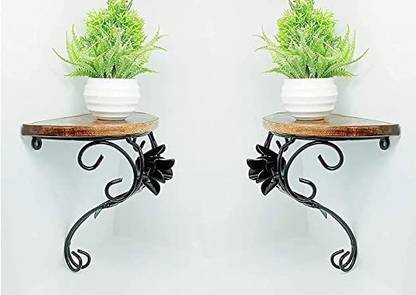 Star Handicrafts Wall Shelf Wooden & Wrought Iron Wall Bracket for Flower Pot Stand Iron, Wooden Wall Shelf