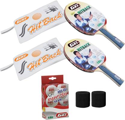 GKI Table Tennis Racquet Kit - (2 Hitback TT Racquet, 1 Box Kung Fu 6 TT Ball, Band) Red, Black Table Tennis Racquet
