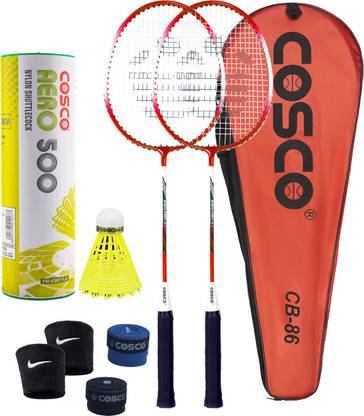 COSCO Badminton Racket Set - 2 CB-86 Racket, 1 Aero 500 "6 Shuttle", 2 Grip, 2 Band Red Strung Badminton Racquet
