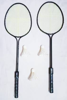 MN SPORTS Double shaft racket with Bell shape feather shuttle Black Strung Badminton Racquet