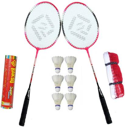 Rakso GR-300 Strung Badminton Racket Set OF 2 PCS WITH 6 feather SHUTTLECOCK 1 net Multicolor Strung Badminton Racquet
