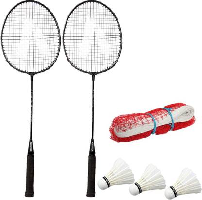 STYRKR Badminton PRO_4@ Racket Set Of 2 With Shuttlecok Pack of 3 with Net Black Strung Badminton Racquet