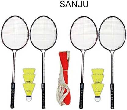 SANJU Badminton double shaft 2 set, 6 Pcs Shuttlecock, 1 ps net red best quality Multicolor Custom Strung Badminton Racquet