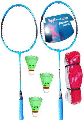 SPO Zone Aluminium BODY Badminton RACQUET Set of 2 PC with 3 shuttle NET MULTICOLORED x Green Unstrung Badminton Racquet