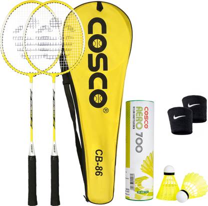 COSCO CB 86 Twin Racket-Hobby adminton Racket And Aero 700 Shuttle Box With Wrist Band Yellow Strung Badminton Racquet