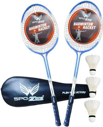 SPO Zone Multi Double Shaft Alloy Body Racket Set OF 2 With Feathers Cock 3 Piece Blue, Multicolor Strung Badminton Racquet