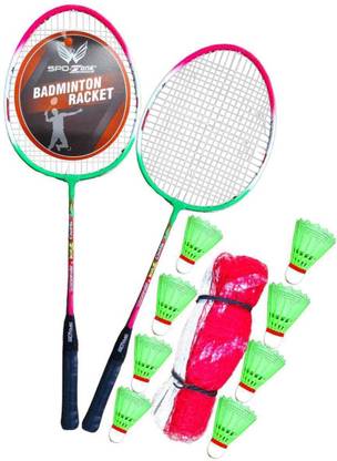 SPO Zone SP Combo Set _ Badminton Racket Set of 2 With Shuttlecock 7 Pcs With Net Black, Multicolor Strung Badminton Racquet
