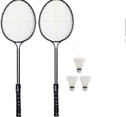house of common 2 Double Shaft Badminton Racquet + 3 Pc Feather Shuttle + 1 Cover Black Strung Badminton Racquet