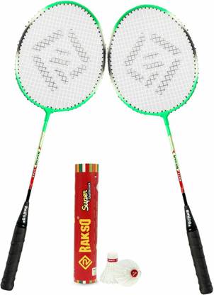 Rakso STAR GREEN Single Shaft Racket SET OF 2 Pc With 10 Shuttle FEATHER FOR KIDS MEN Multicolor Strung Badminton Racquet