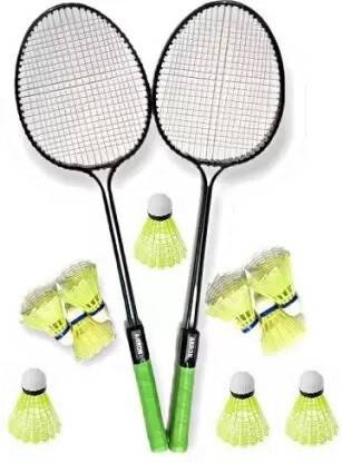 house of common Double Rod Set of 2 Pcs Badminton Racquet, Plastic Shuttlecock 10 Pcs Red, Blue Strung Badminton Racquet