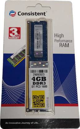 consistant D3 DDR3 4 GB (Single Channel) PC RAM (1600MHz)