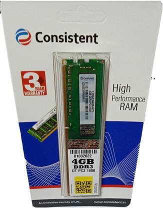 Consistent RAM DDR3 4 GB (Single Channel) PC (DT PC3 1600)